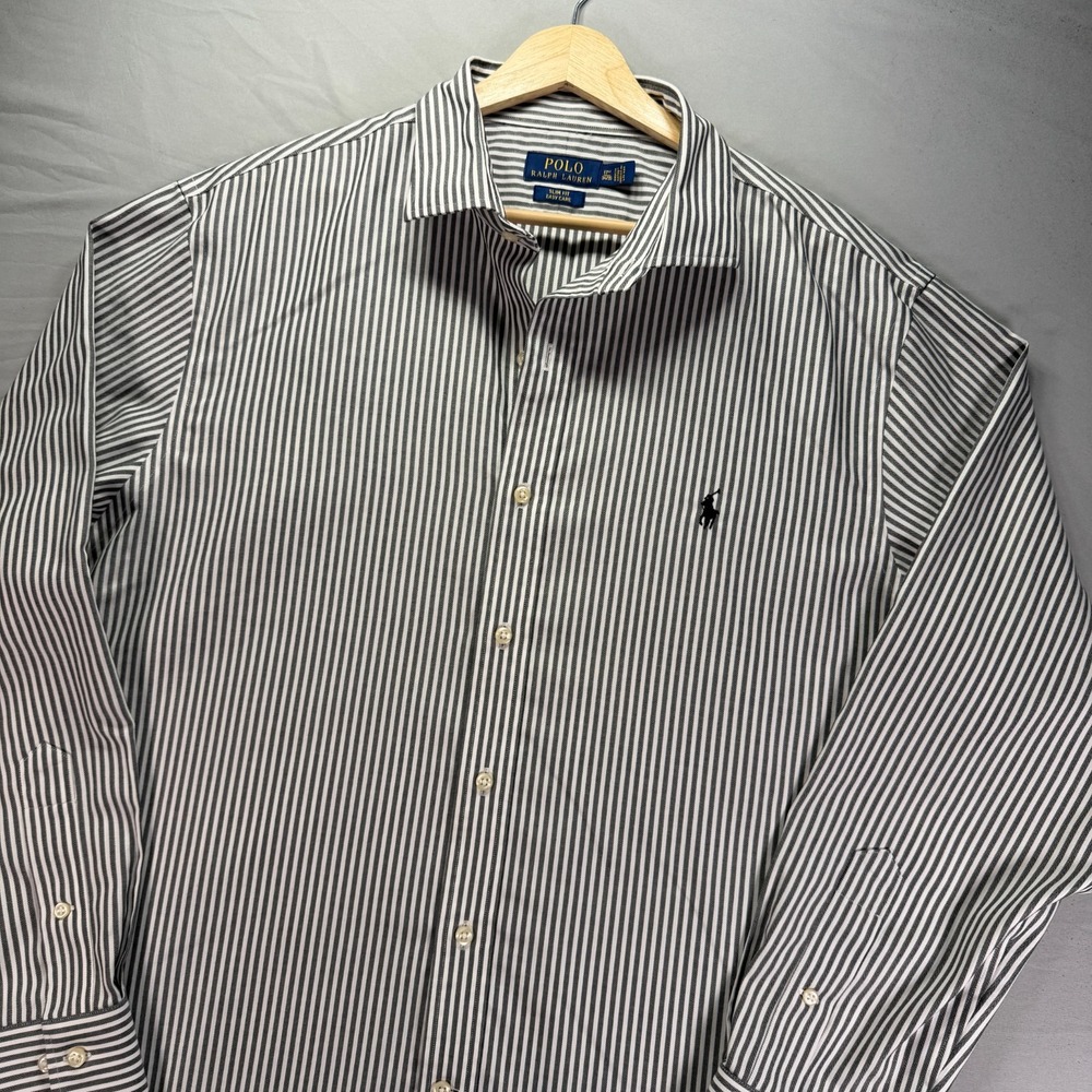Polo Ralph Lauren Dress Shirt Men 17.5 Gray Striped Button Up Slim Fit Easy Care